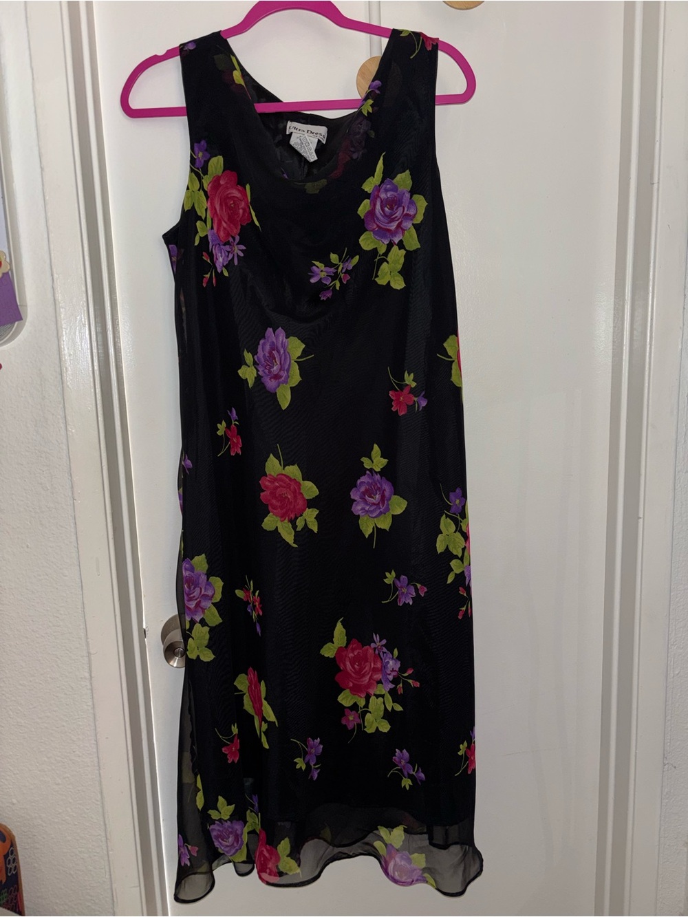 Vintage 90s Floral Cowl Neck Black Slip Dress